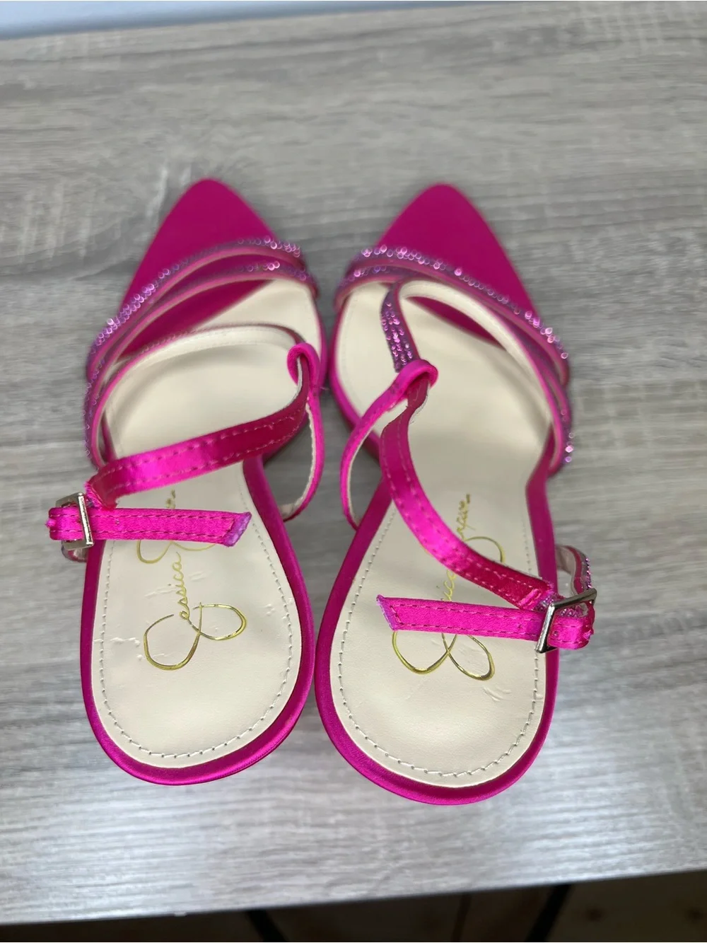 Jessica Simpson Pink Satin Rhinestone Strappy Heels Sz 10 Slingback Sandals 4.5”